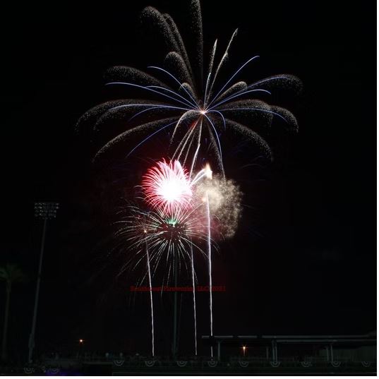 Peony and palm aerial shells above a stadium venue Large red and white peony fireworks shell breaking above a stadium with a blue palm-tree burst rising beside it at night