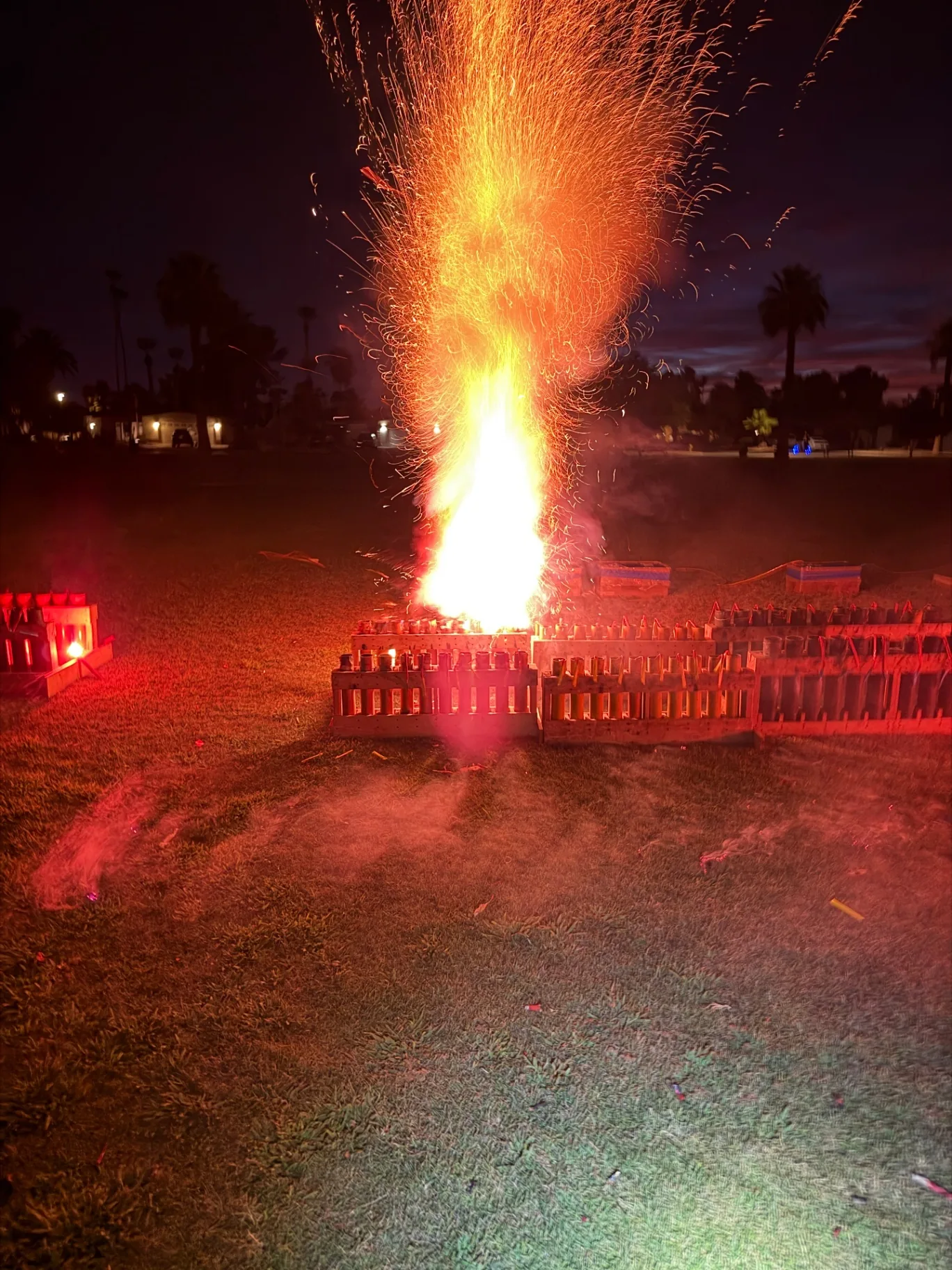 2.5″ shell launch from mortar rack Aerial shell launching skyward from a 2.5 inch mortar rack at a professional fireworks display