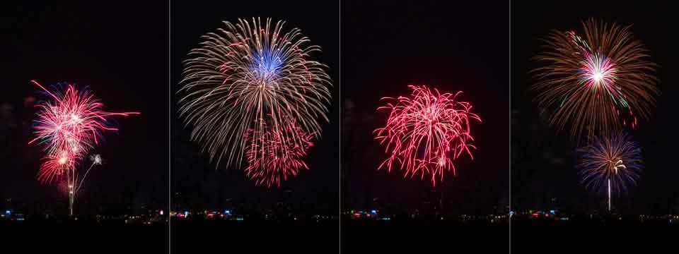 Choreographed aerial sequence — four-shell pattern Four-panel sequence of professional aerial fireworks bursts in pink, blue, red, and gold over a distant skyline