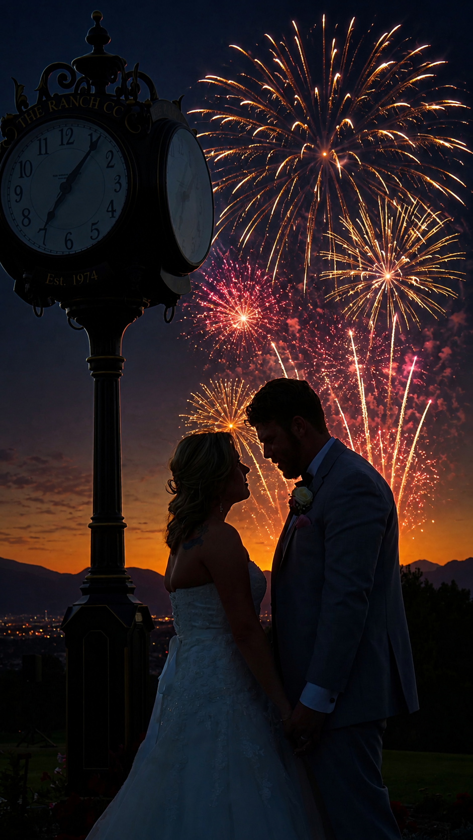 Wedding fireworks display with bride and groom at sunset Bride and groom holding hands at sunset as gold and pink aerial fireworks shells break above an Arizona wedding venue