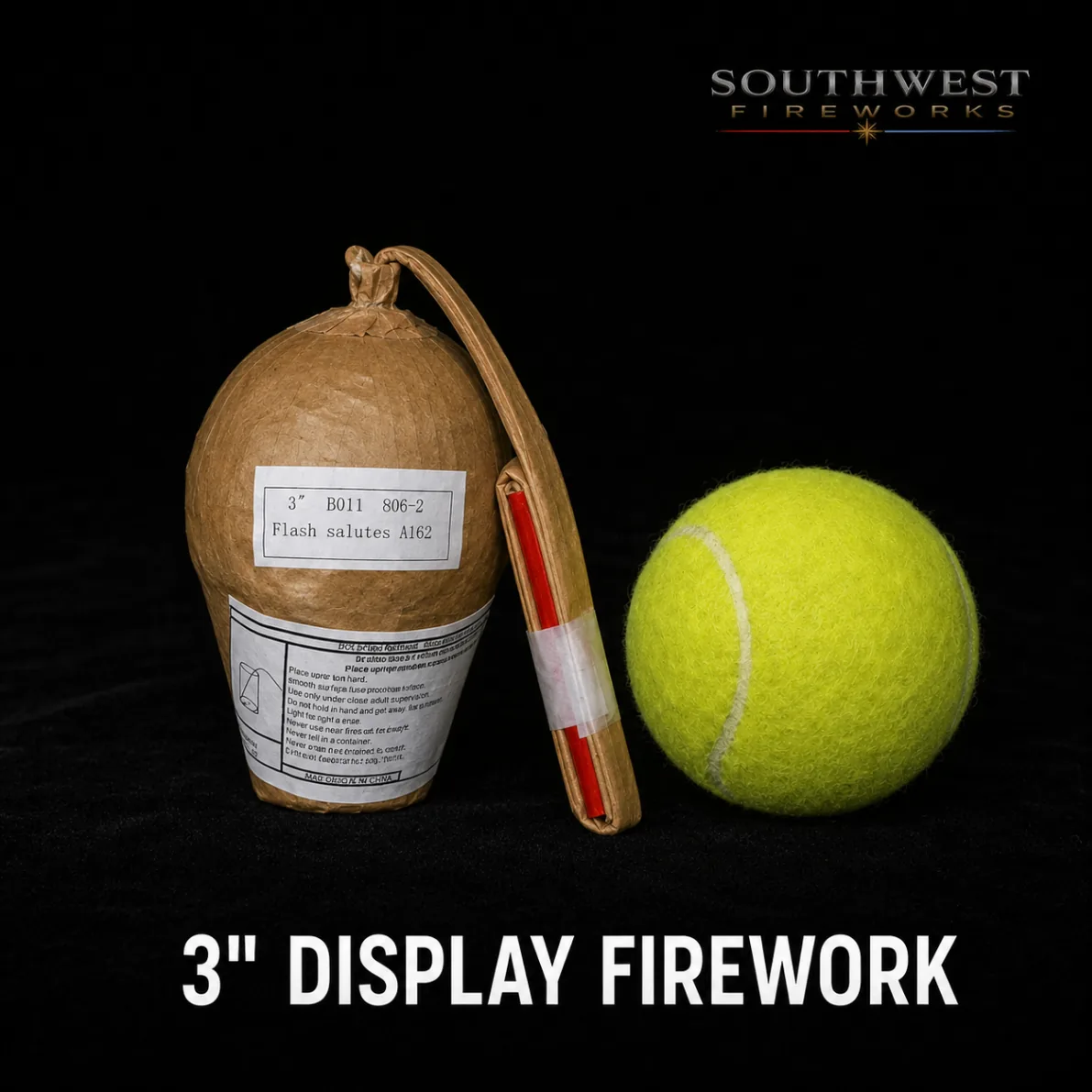 3" professional display fireworks shell shown next to a tennis ball for scale