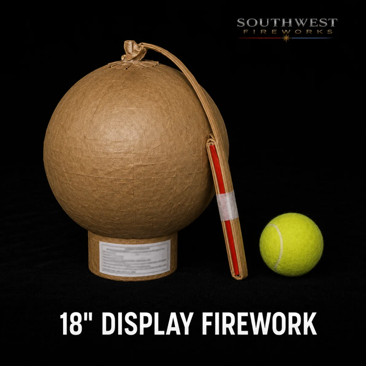 18" professional display fireworks shell shown next to a tennis ball for scale
