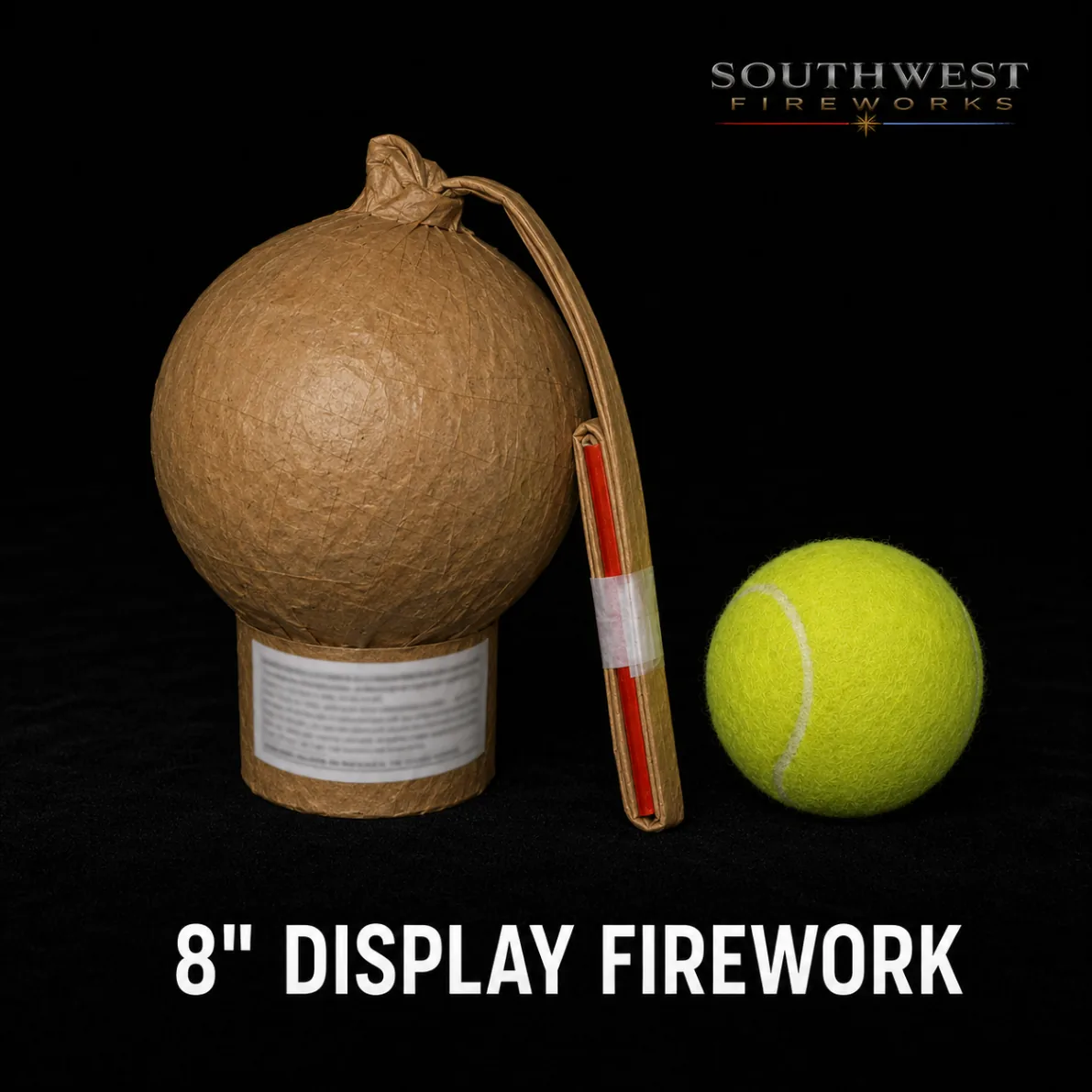 8" professional display fireworks shell shown next to a tennis ball for scale