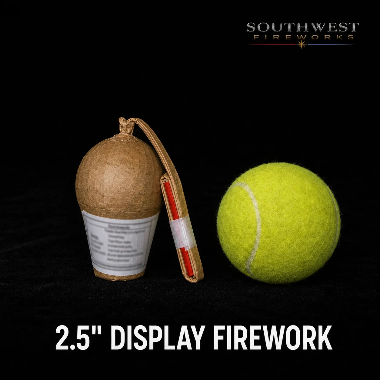 2.5" professional display fireworks shell shown next to a tennis ball for scale