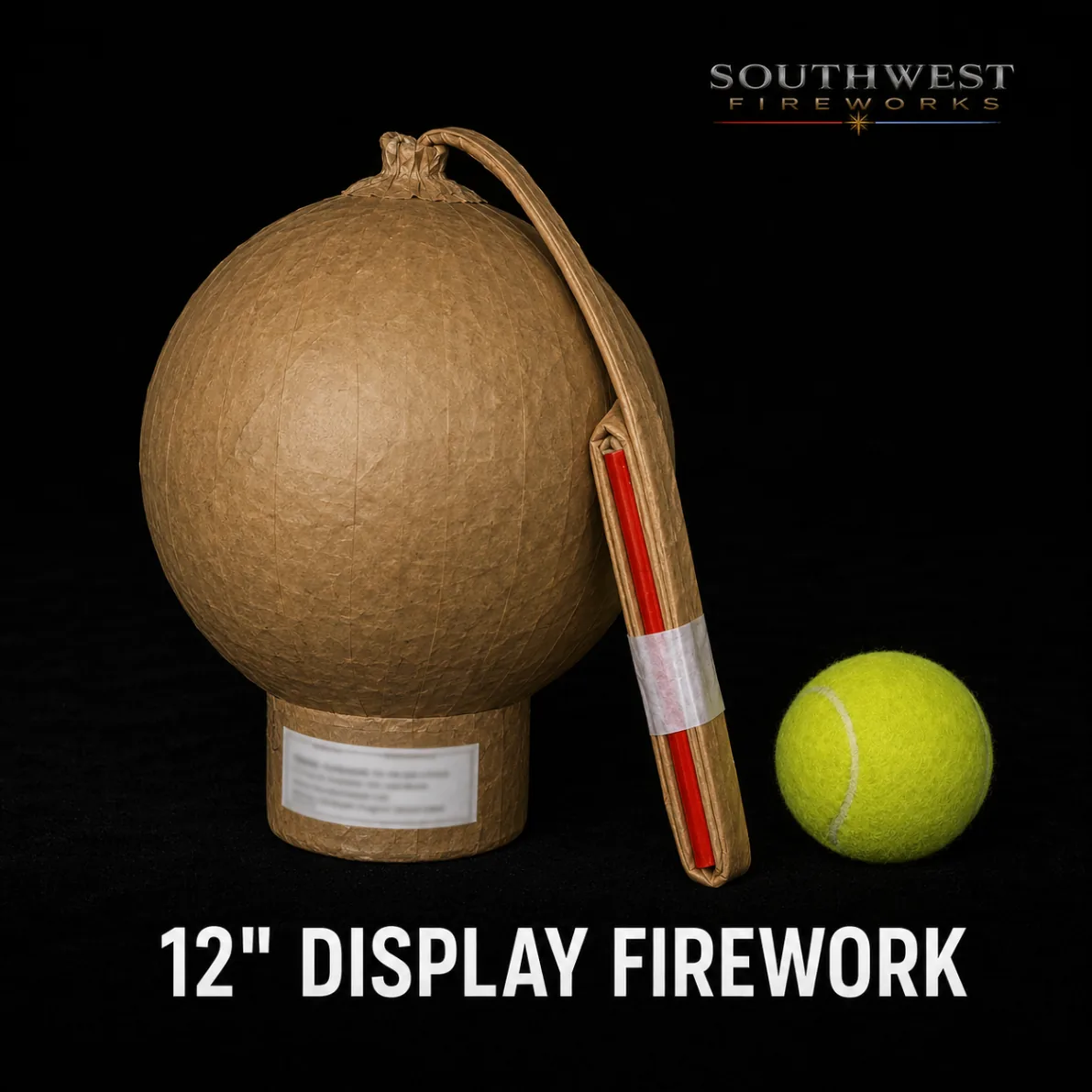 12" professional display fireworks shell shown next to a tennis ball for scale