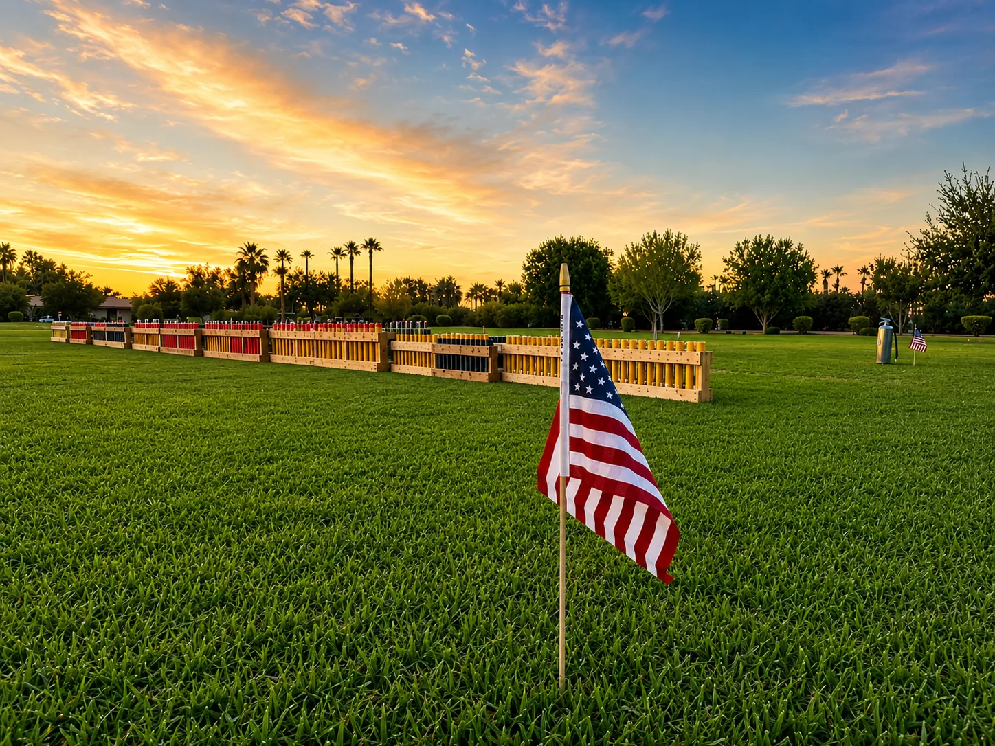 Loaded mortar racks and American flag at sunset before a July 4th display American flag in the foreground with a long line of loaded fireworks mortar racks on a green field at sunset before a professional Independence Day display