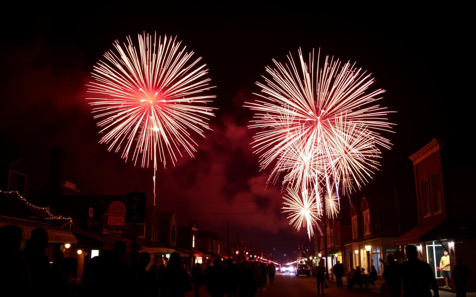 Fireworks over a small-town park during a municipal celebration