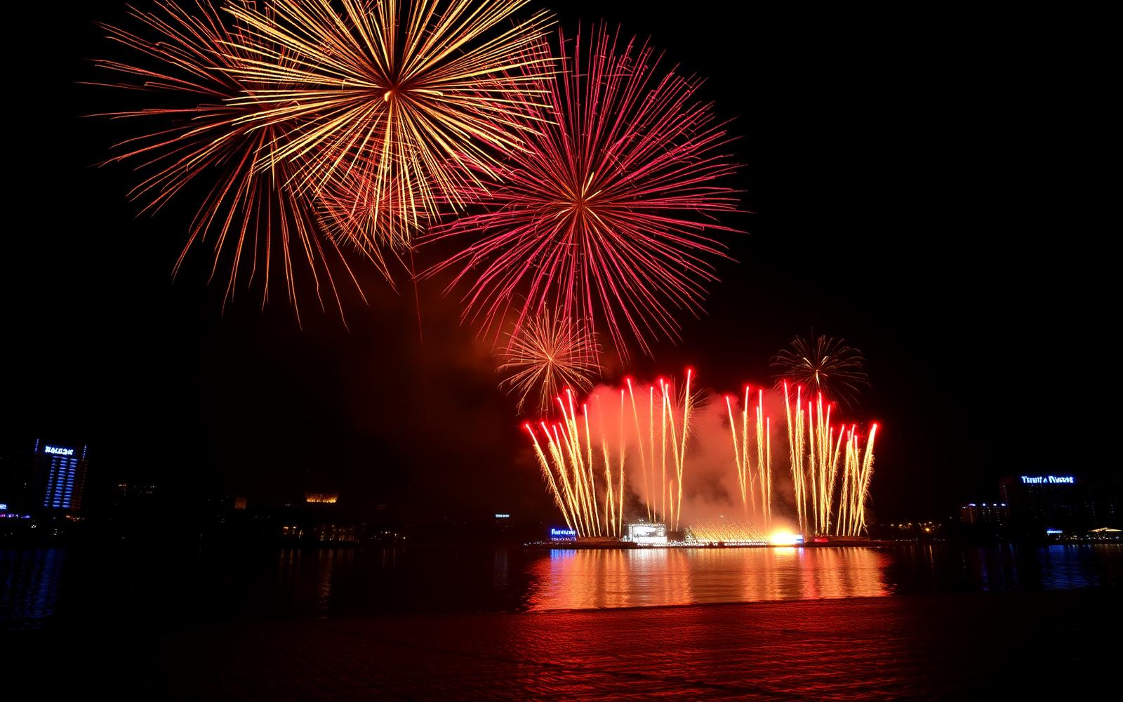 A resort fireworks display over open water at dusk